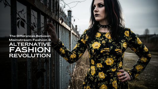 A woman in alternative metal fashion vs mainstream fashion wearing a black dress with yellow flowers standing by a metal fence