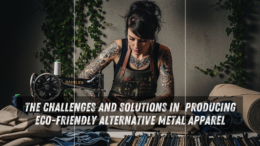 Tattooed woman sewing fabric using vintage machine for eco-friendly alternative metal clothing production