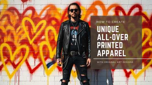 Man in leather jacket standing against graffiti wall illustrating how to create all-over print clothing with original art