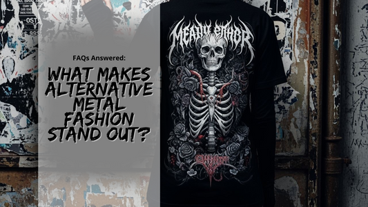 Black t-shirt with alternative metal style skeleton and roses design worn against graffiti background