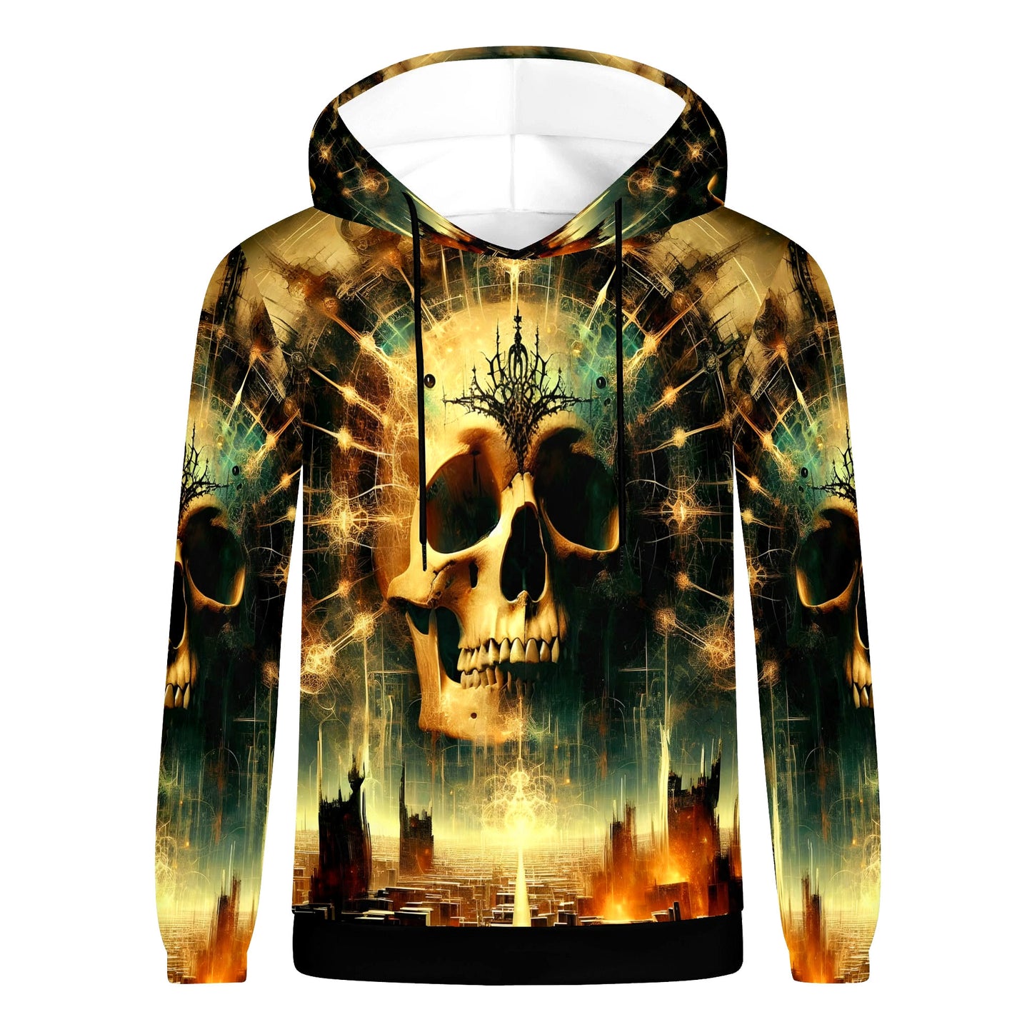 Loud and Lethal Dystopian Dawn Cotton Terry hoodie featuring a skull with a crown and futuristic cityscape design