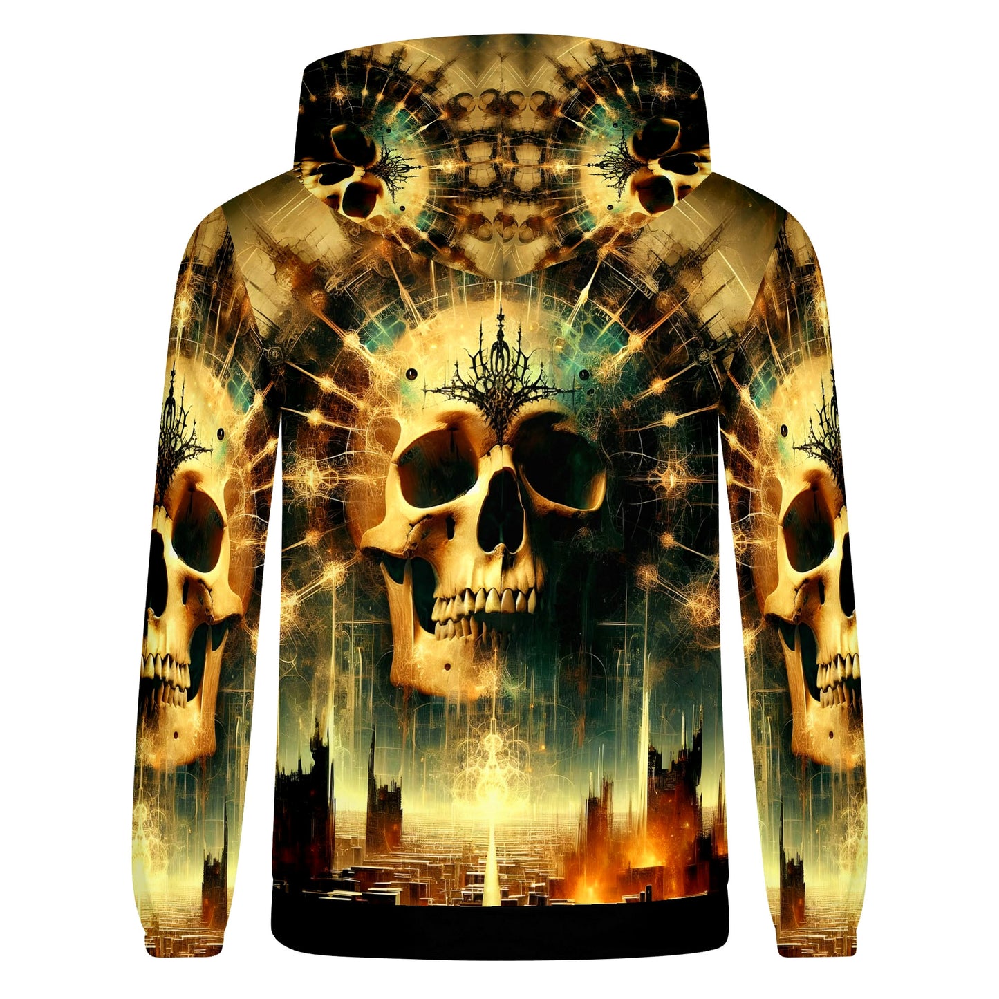 Dystopian Dawn Cotton Terry hoodie with skull and cityscape design in dark gold and green tones