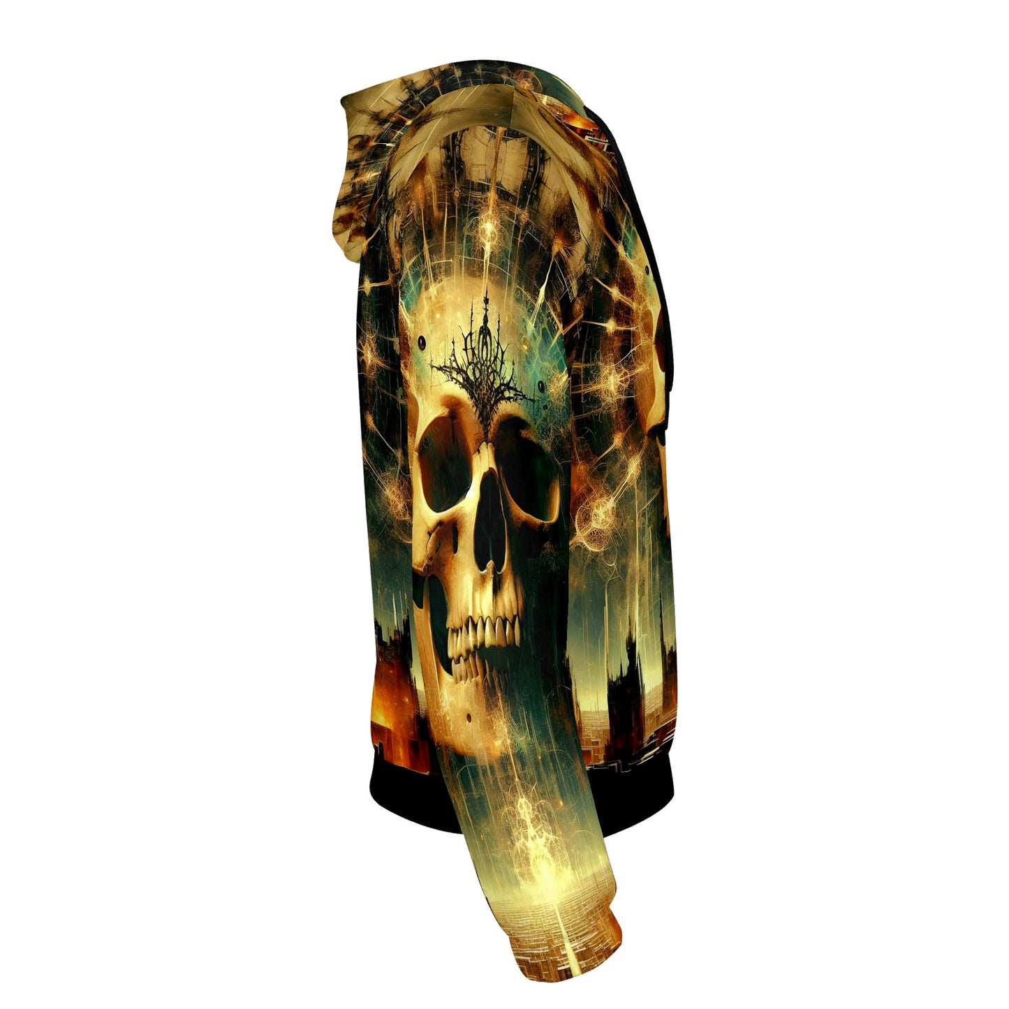 Loud and Lethal Dystopian Dawn Cotton Terry hoodie with skull and futuristic cityscape design