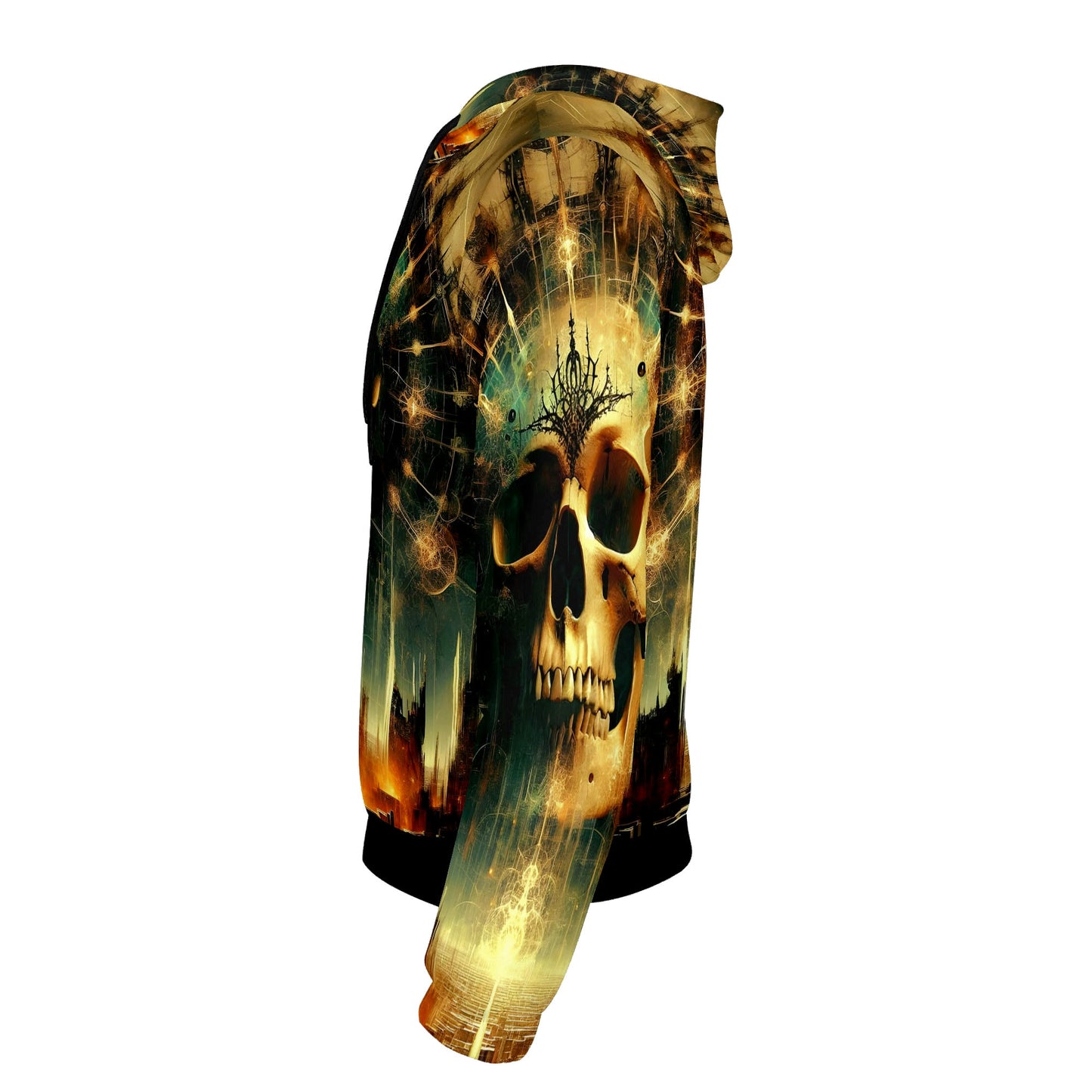 Side view of Loud and Lethal Dystopian Dawn Cotton Terry hoodie featuring a detailed skull and abstract dark design