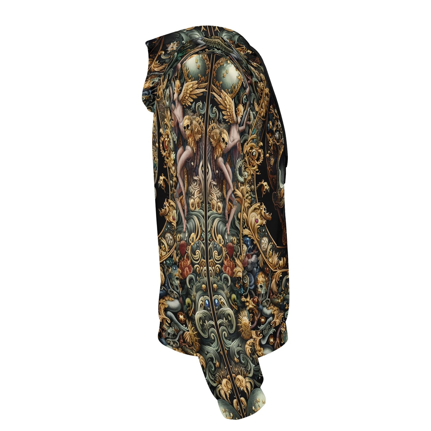 Loud and Lethal Forbidden Luxury Cotton Terry Hoodie with intricate baroque angel and lion design in dark tones