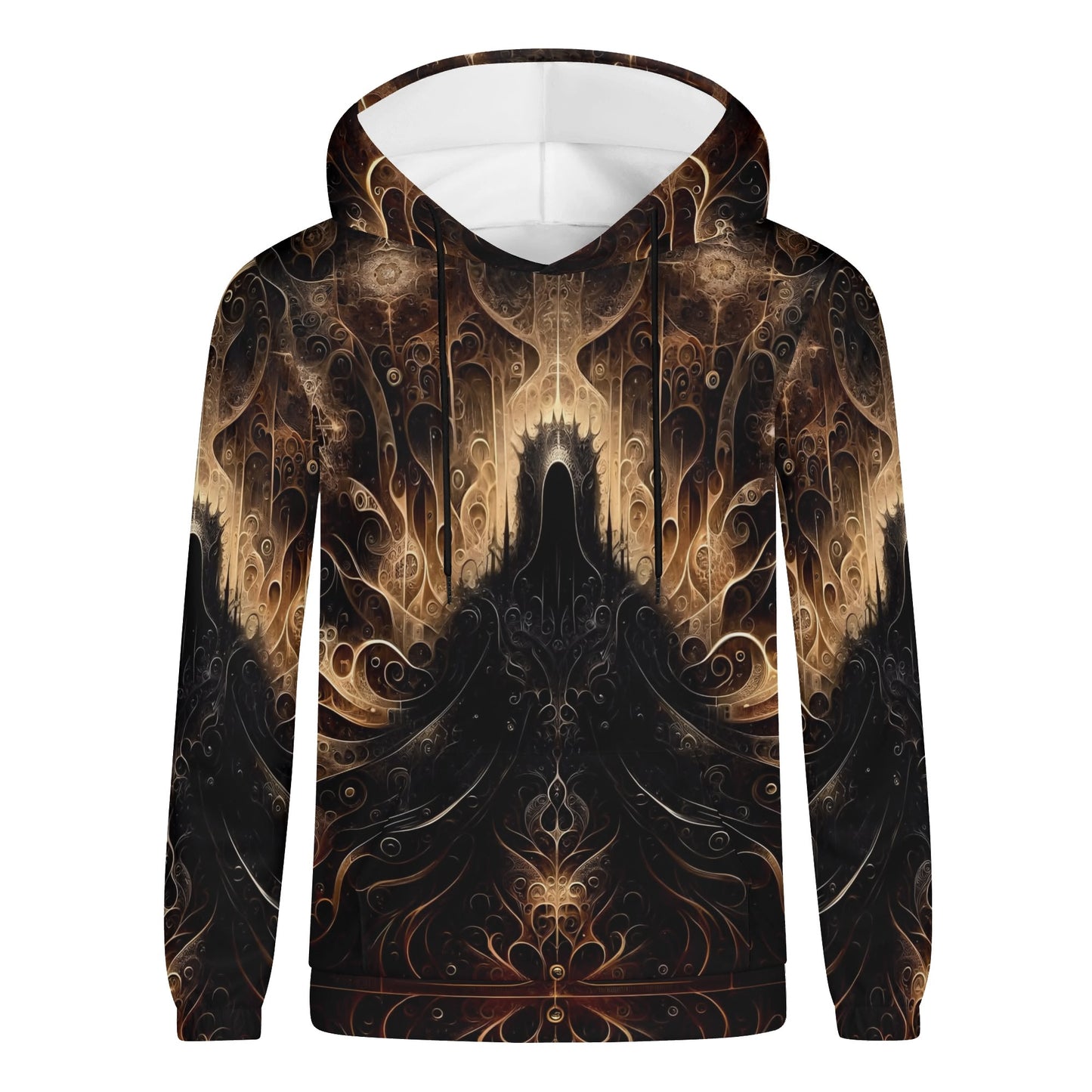 The Gilded Enigma Cotton Terry hoodie by Loud and Lethal with dark intricate abstract design on front
