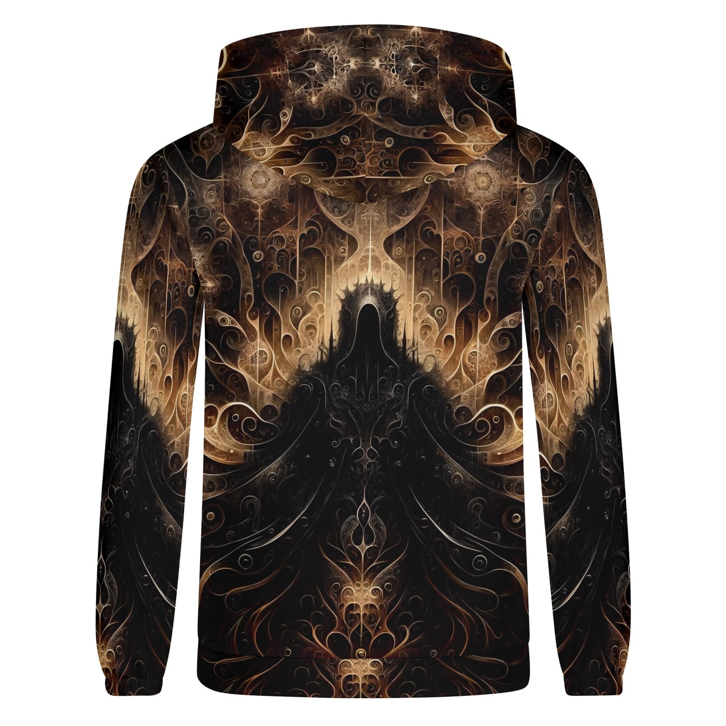 Back view of The Gilded Enigma Cotton Terry hoodie by Loud and Lethal featuring intricate dark and gold abstract design