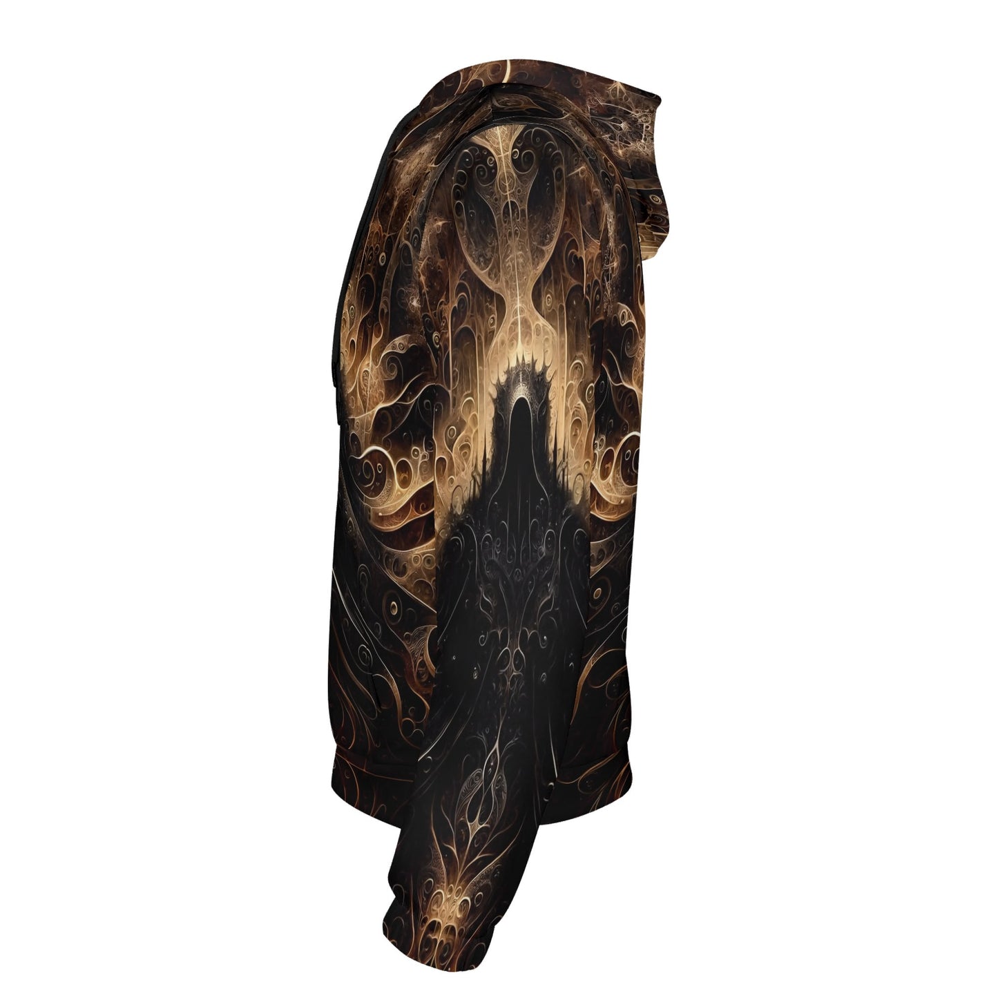 Side view of The Gilded Enigma Cotton Terry hoodie by Loud and Lethal featuring dark intricate abstract artwork