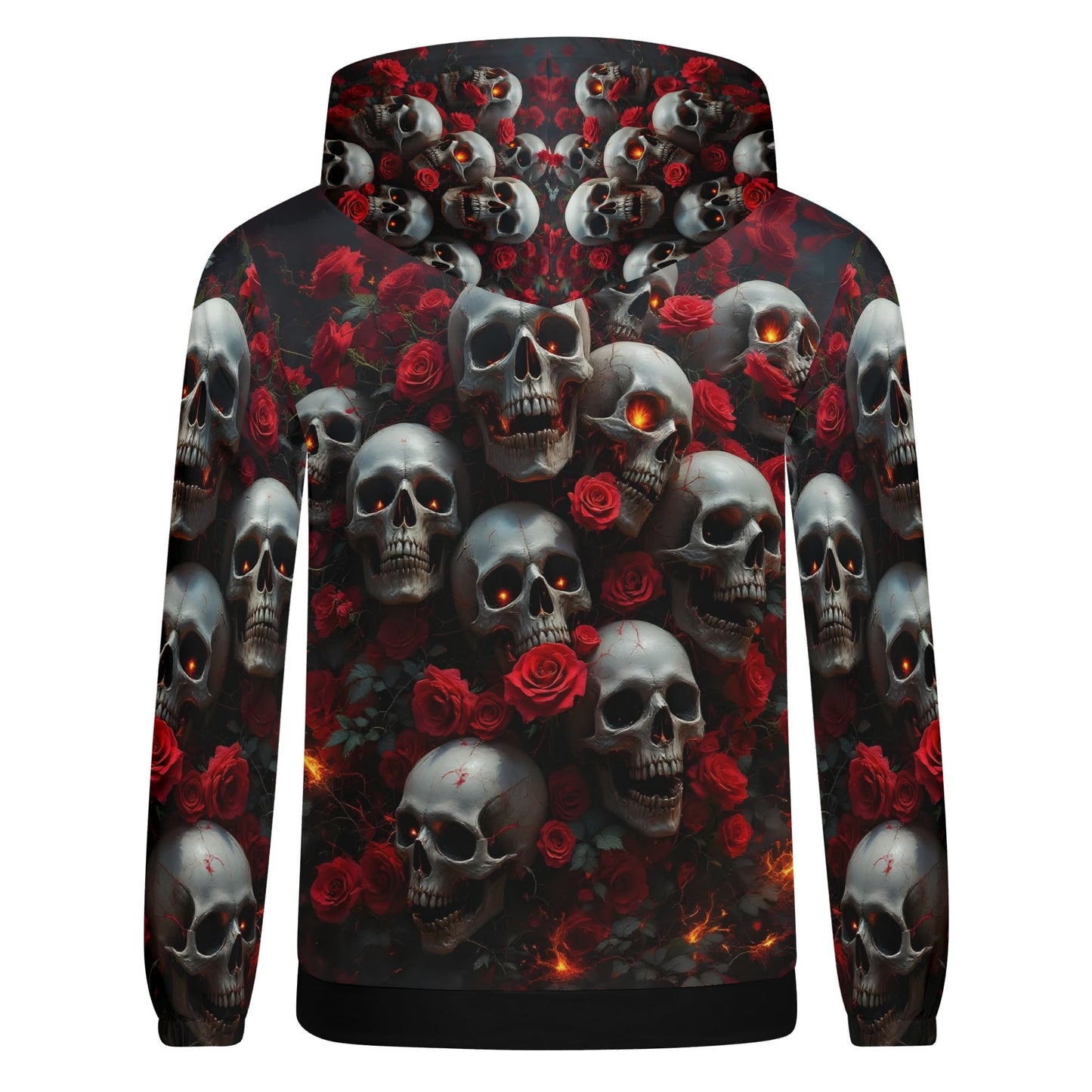 A Dance Among the Shadows Cotton Terry hoodie by Loud and Lethal featuring skulls and red roses on black