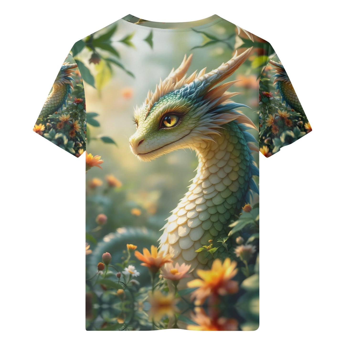 A Dragons Glow Organic Cotton Kids T-Shirt featuring a detailed dragon illustration in a floral forest background