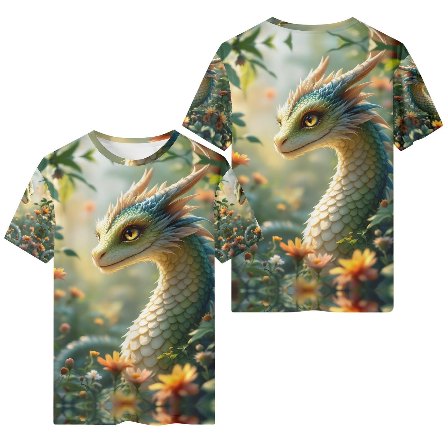 A Dragons Glow Organic Cotton Kids T-Shirt by Loud and Lethal featuring a detailed dragon design in a floral forest setting