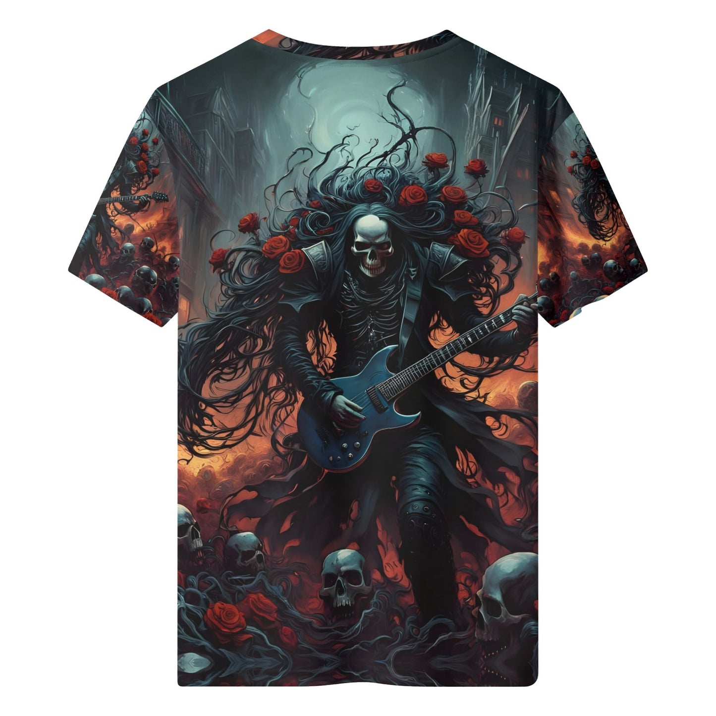A Punk Rock Odyssey 100 Cotton T-Shirt by Loud and Lethal with dark skull guitarist and red roses design