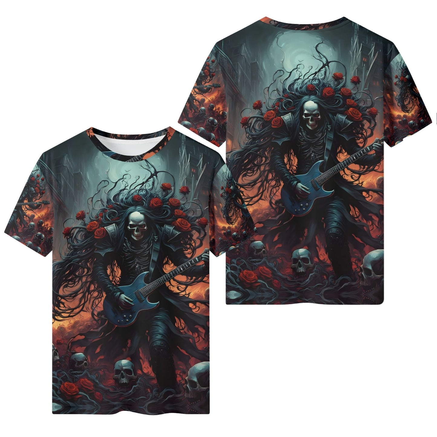 A Punk Rock Odyssey 100 Cotton T-Shirt featuring a skeleton playing electric guitar with roses and dark mystical background