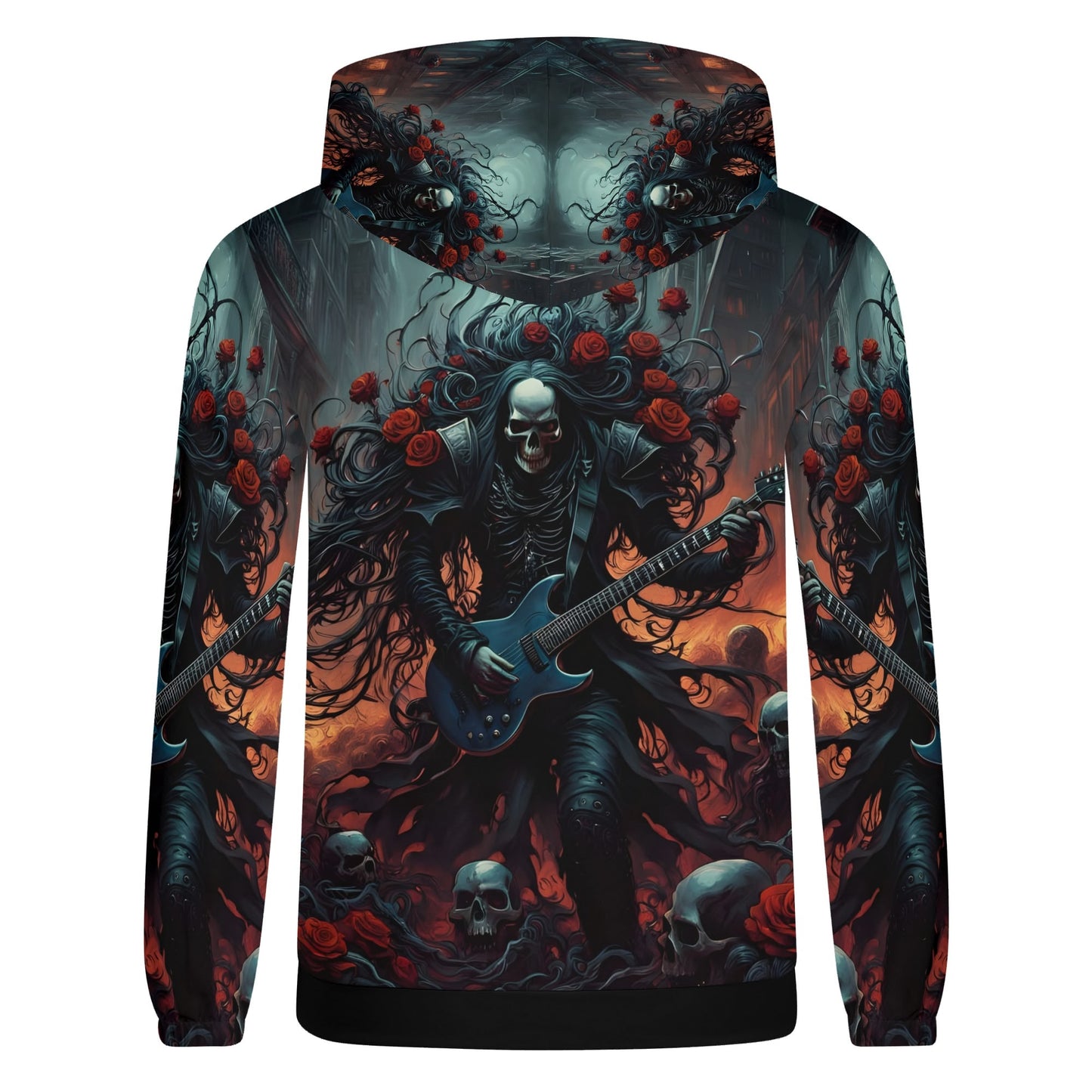 A Punk Rock Odyssey Cotton Terry hoodie by Loud and Lethal featuring a skeleton rocker with roses and skulls