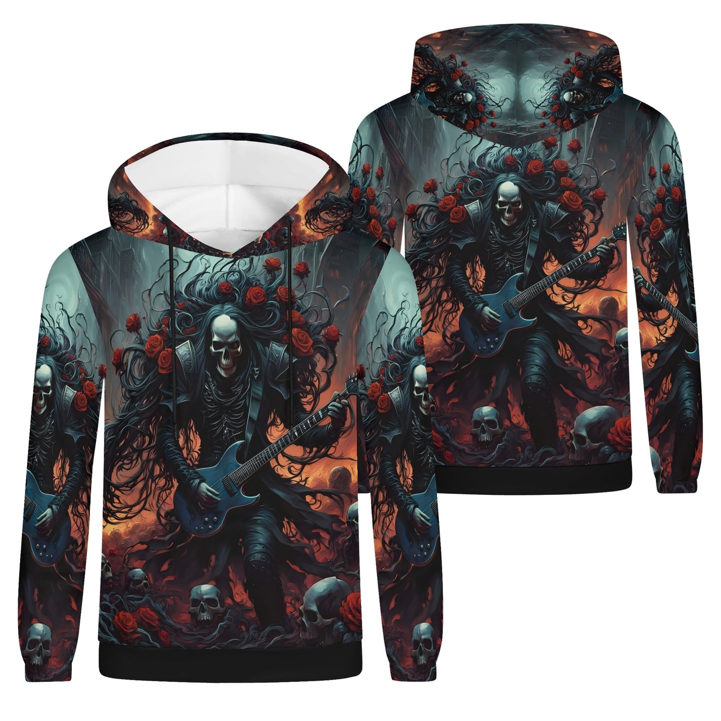Loud and Lethal A Punk Rock Odyssey Cotton Terry hoodie with skeleton guitarist and red roses design