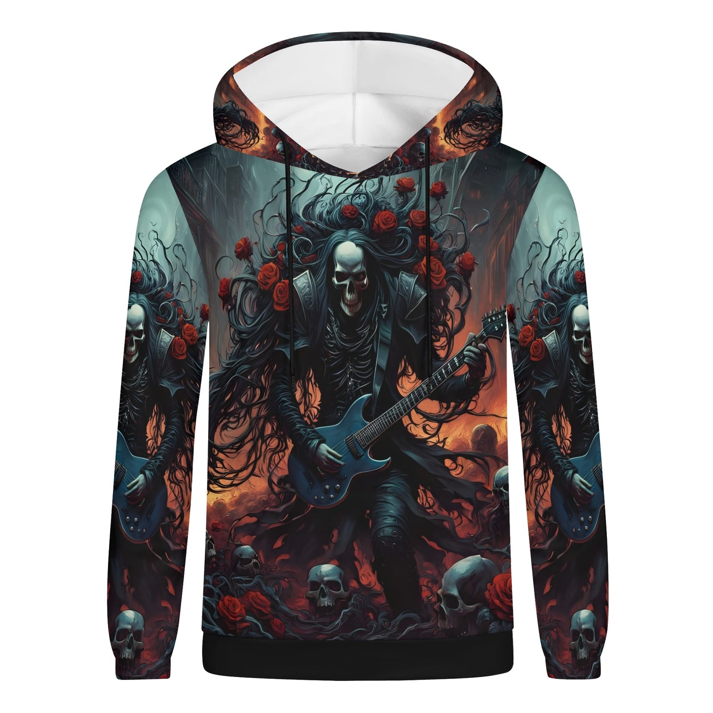 A Punk Rock Odyssey Cotton Terry hoodie by Loud and Lethal featuring a skeleton guitarist with roses and skulls design