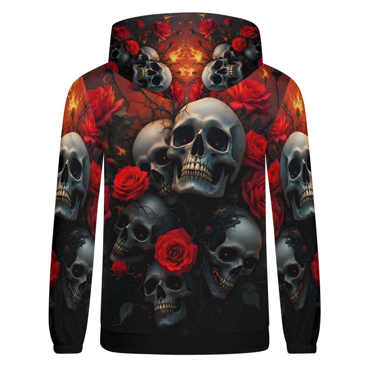 A Skulls Dance Gothic Cotton Terry hoodie featuring skulls and red roses on a dark background