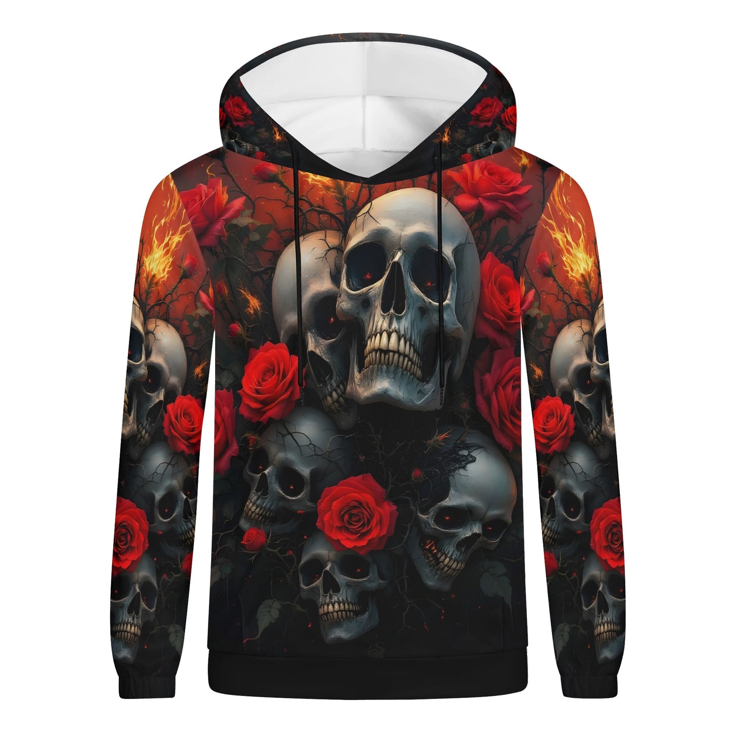 A Skulls Dance Gothic Cotton Terry hoodie with skulls and red roses design by Loud and Lethal