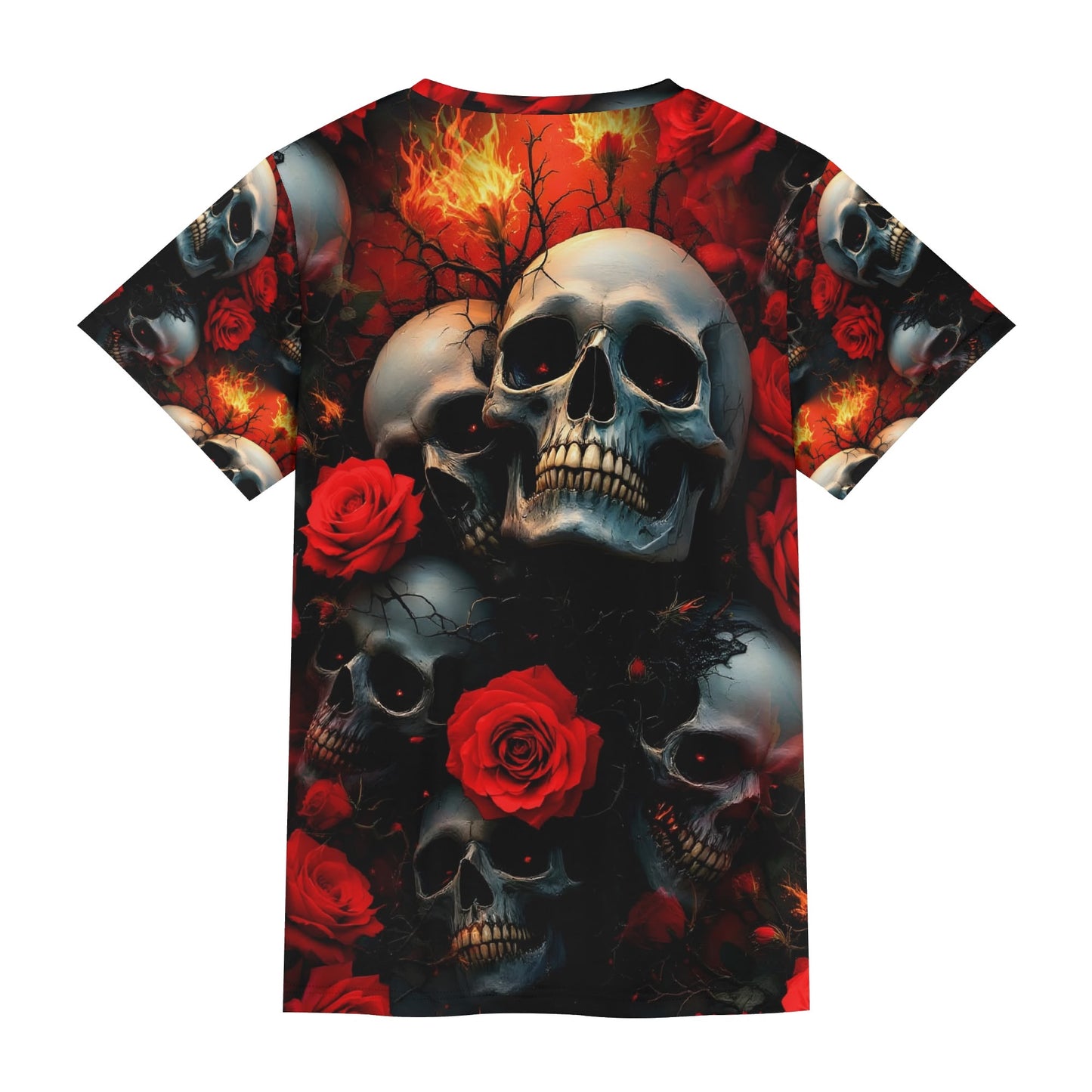A Skulls Dance Lycra T-Shirt by Loud and Lethal featuring skulls and red roses on a black and red background