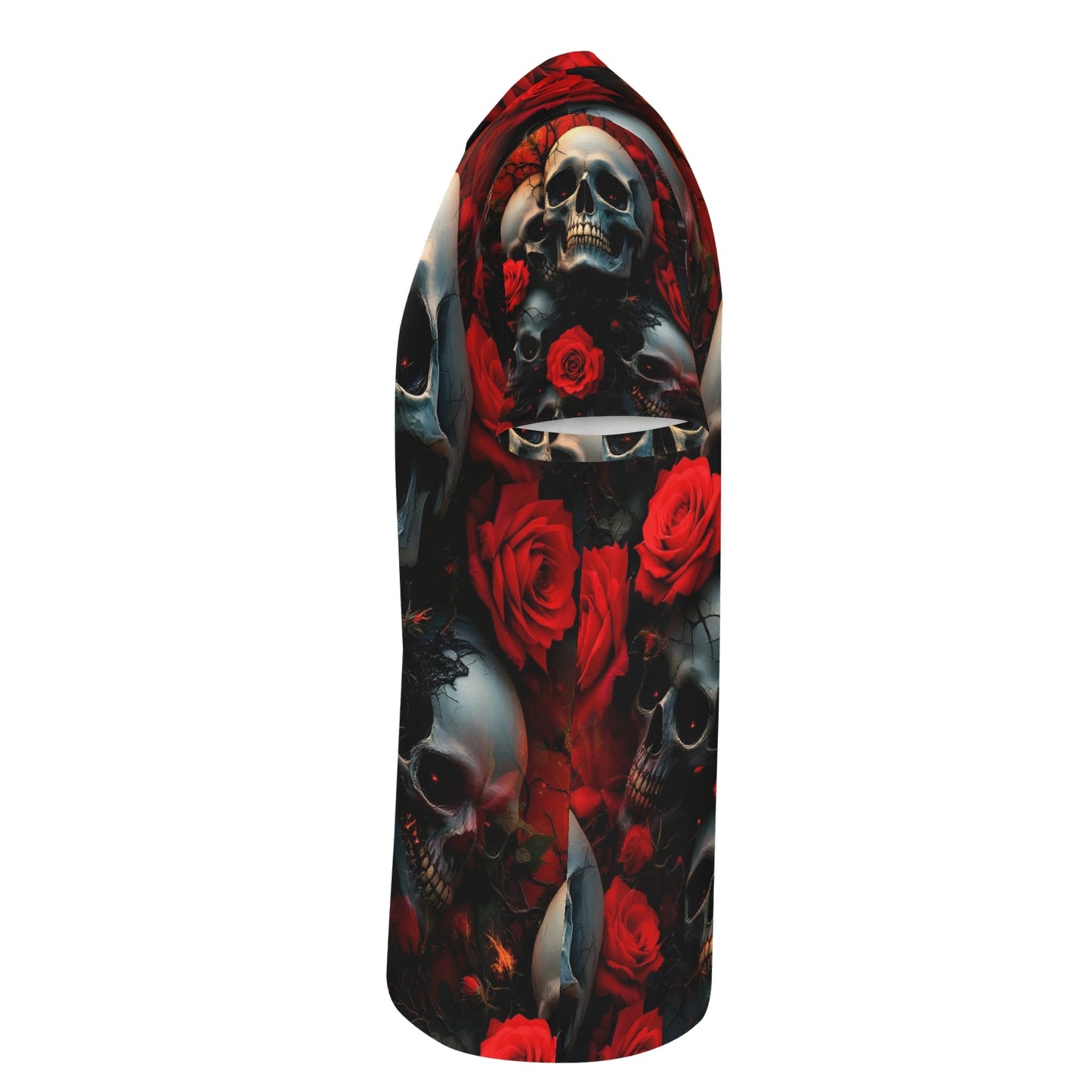 Loud and Lethal A Skulls Dance Lycra T-Shirt with red roses and skulls on black background