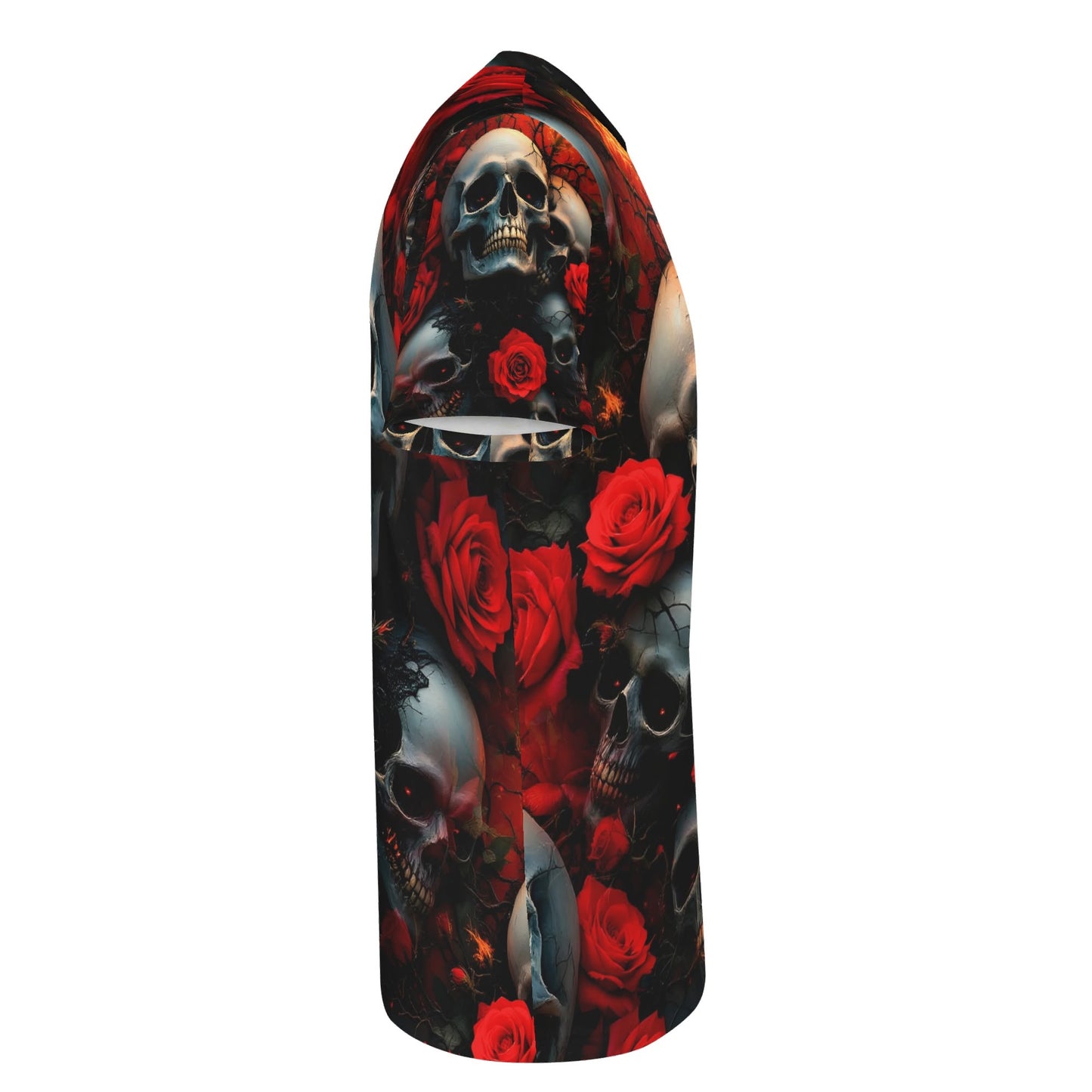 Loud and Lethal A Skulls Dance Lycra T-Shirt featuring skulls and red roses design on unisex fit