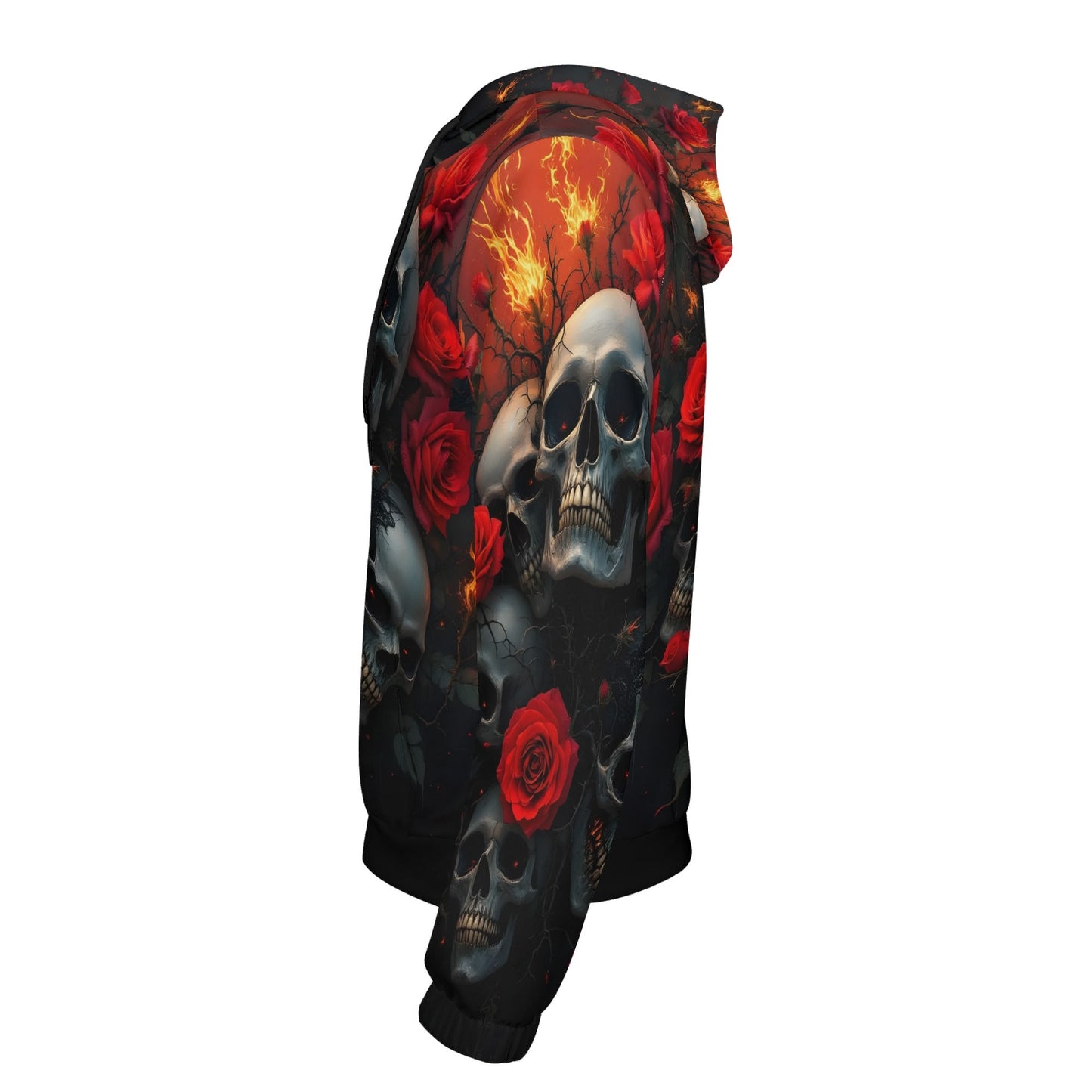 Side view of A Skulls Dance Poly French Terry Metal hoodie with skull and red rose design