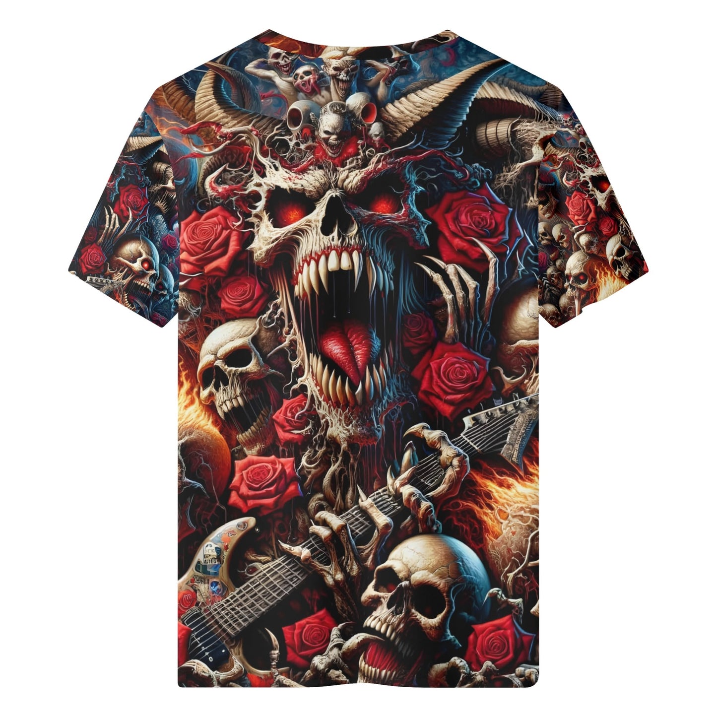 A Wild Dance in Flames 100 Cotton T-Shirt featuring a vibrant skull and flames graphic with roses and guitars