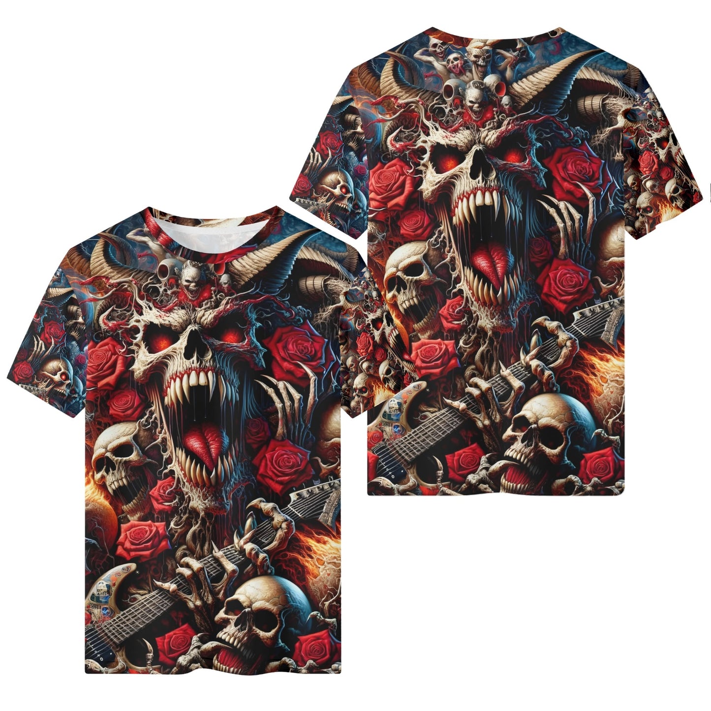 A Wild Dance in Flames 100 Cotton T-Shirt by Loud and Lethal featuring skulls, roses, and a guitar design