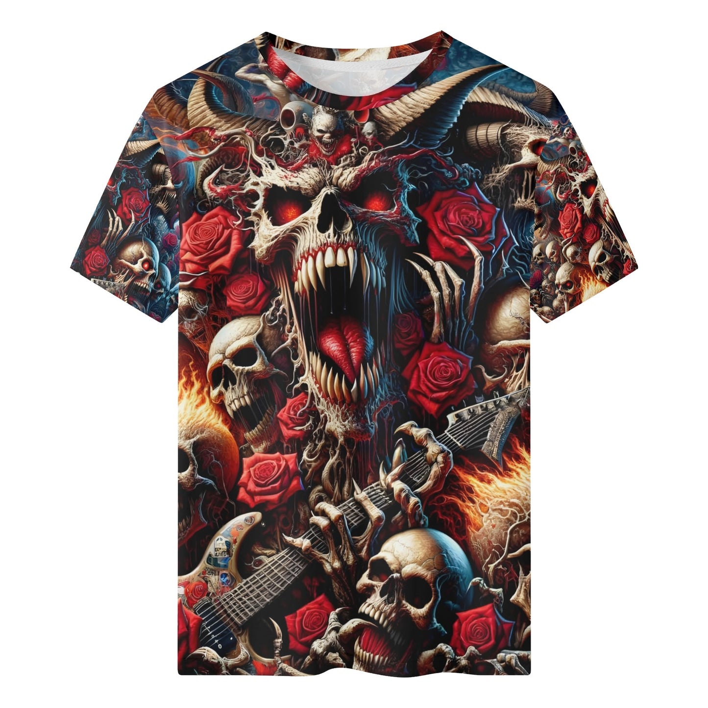 A Wild Dance in Flames 100 Cotton T-Shirt featuring skulls, roses, and fiery graphic design