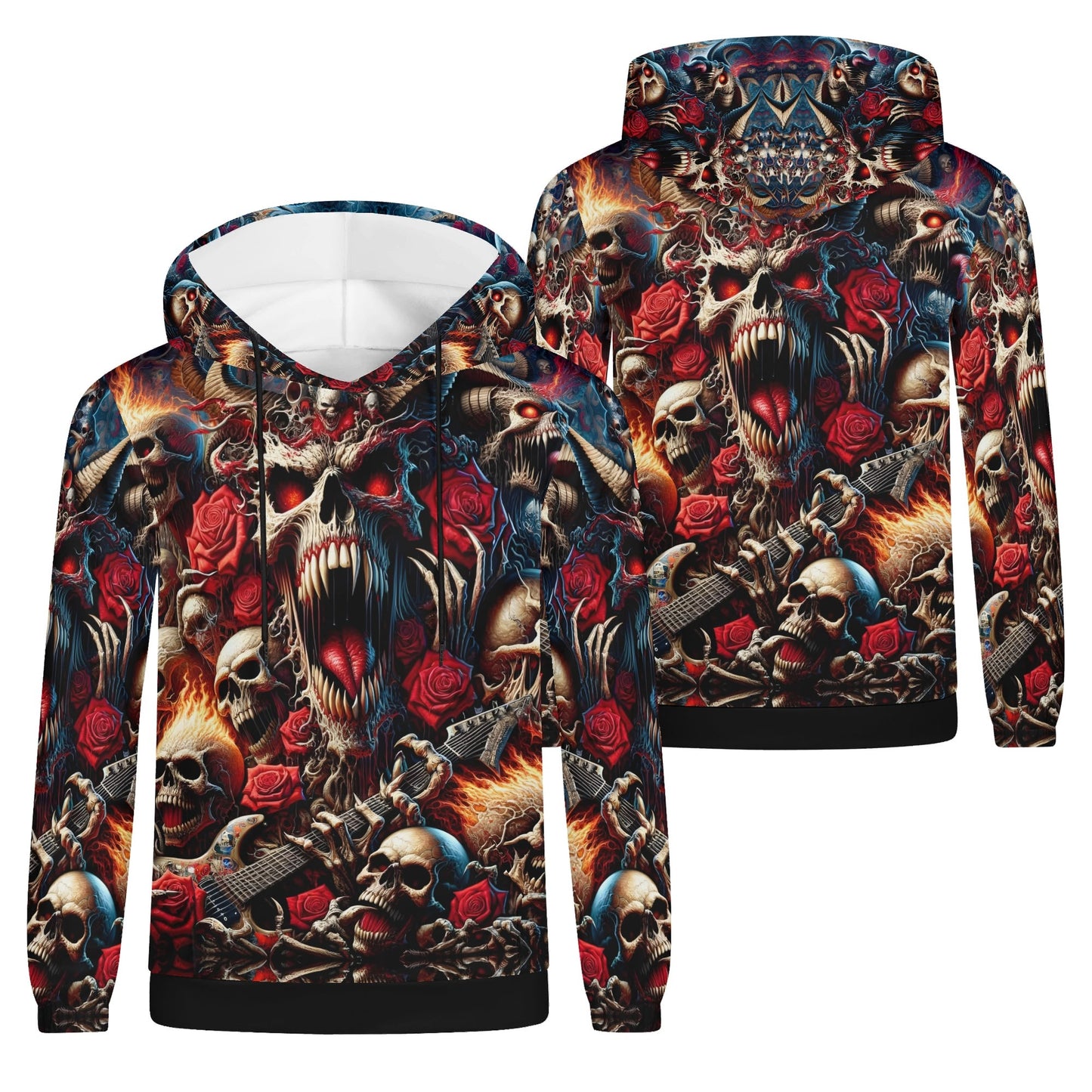 A Wild Dance in Flames Cotton Terry hoodie by Loud and Lethal featuring vibrant skulls, roses, and flames design