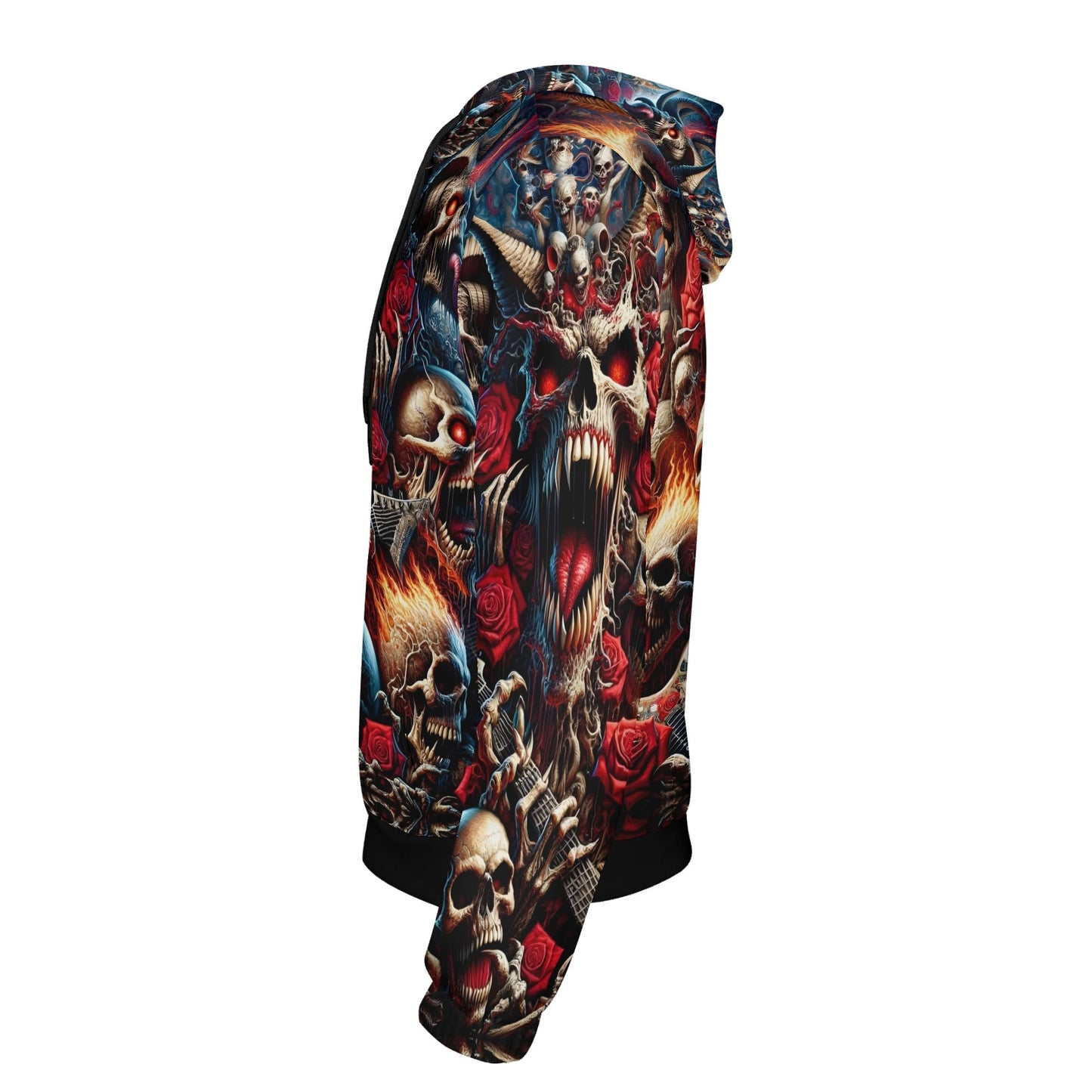 A Wild Dance in Flames Poly French Terry hoodie by Loud and Lethal featuring fiery skulls and red roses on black background