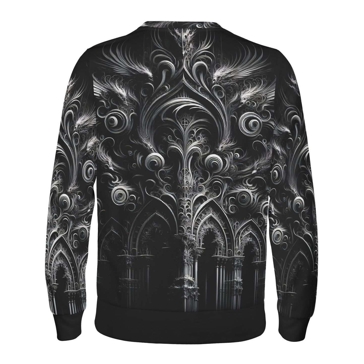 Black unisex sweatshirt with intricate gothic feather and cathedral arch print Feathers of the Abyss Poly French Terry Sweatshirt