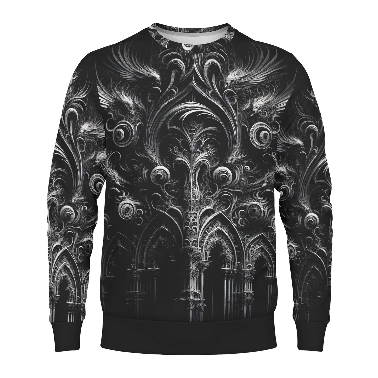 Feathers of the Abyss Poly French Terry Sweatshirt unisex sweater by Loud and Lethal black gothic feather and arch pattern