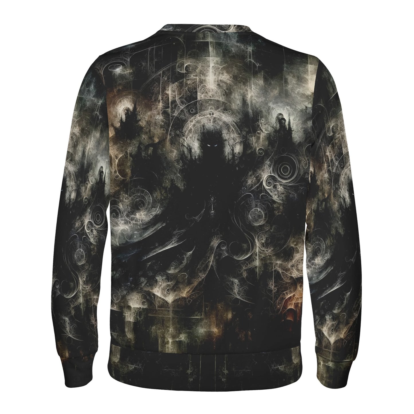Gothic Apparition Poly French Terry Sweatshirt unisex back view with dark spectral figures and swirling gothic print