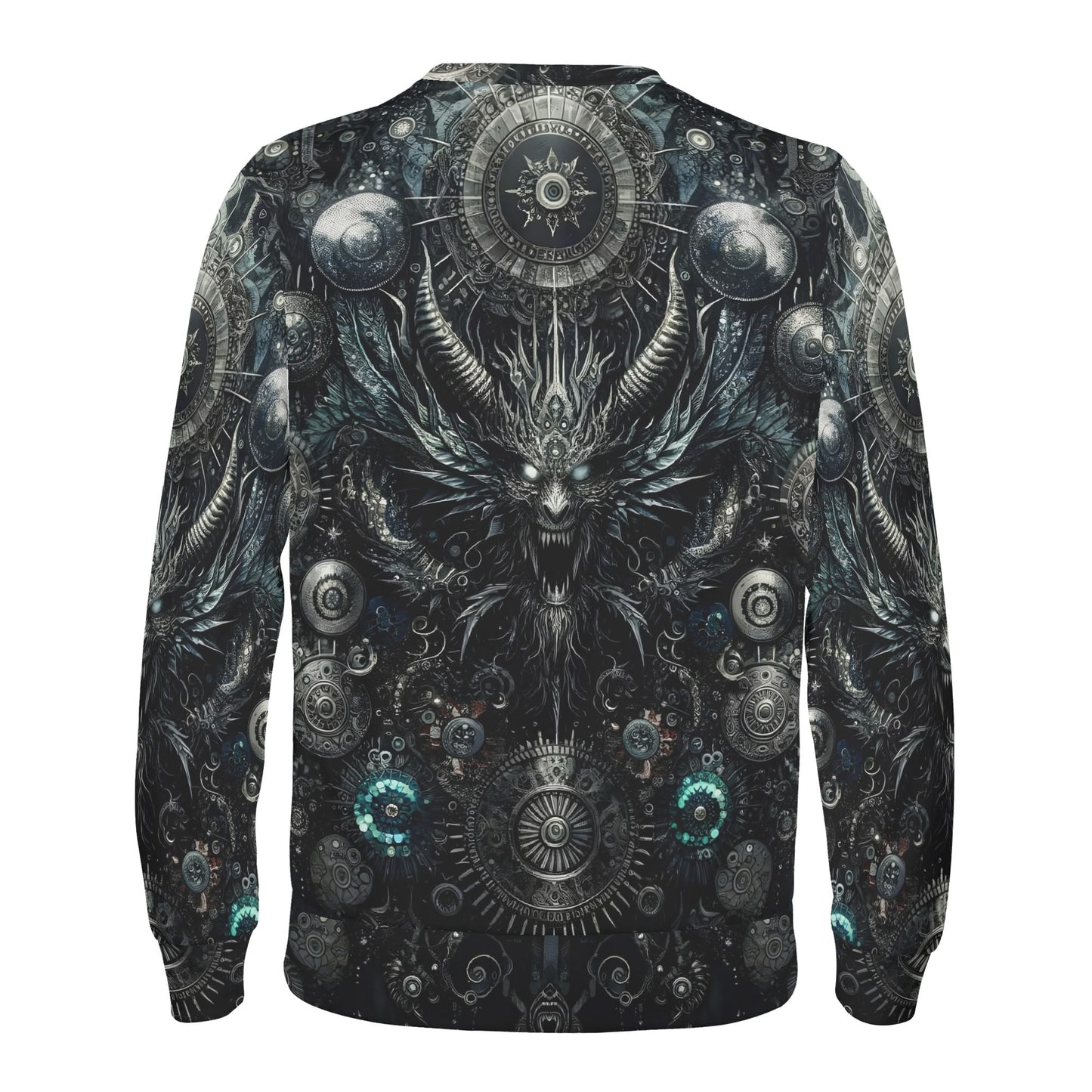 Gears of the Abyss Poly French Terry Sweatshirt unisex back view showing dark mechanical demon and gear artwork