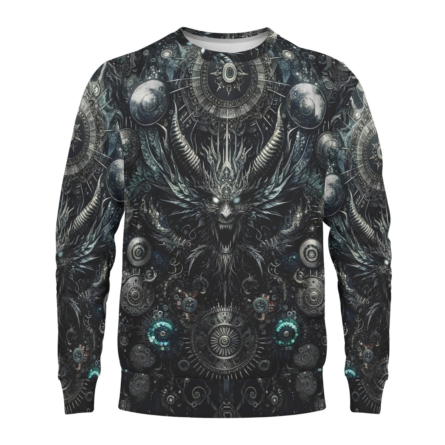 Gears of the Abyss Poly French Terry Sweatshirt unisex dark mechanical demon print sweater with cosmic gears