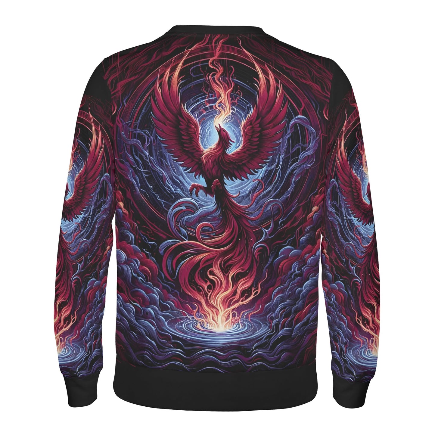 Loud and Lethal unisex sweater with vibrant phoenix rising graphic in red blue on black Phoenix Fury Poly French Terry Sweatshirt