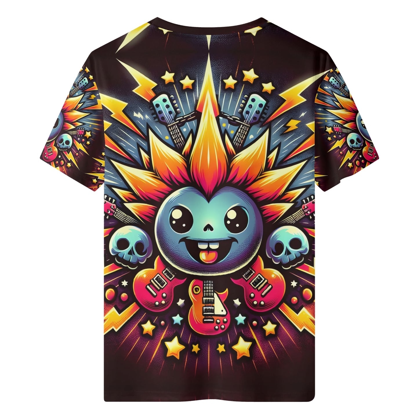 Amped Up Organic Cotton Kids T-Shirt with colorful punk rock design featuring electric guitars and skulls