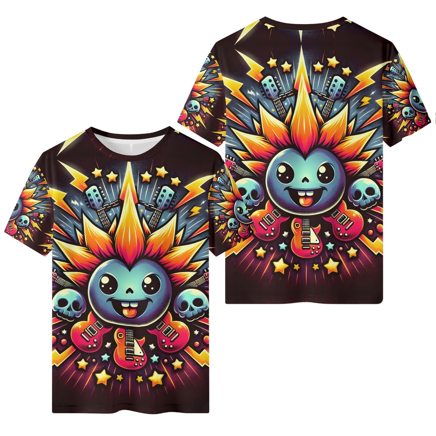 Amped Up Organic Cotton Kids T-Shirt with colorful cartoon character, guitars, skulls, and lightning bolts