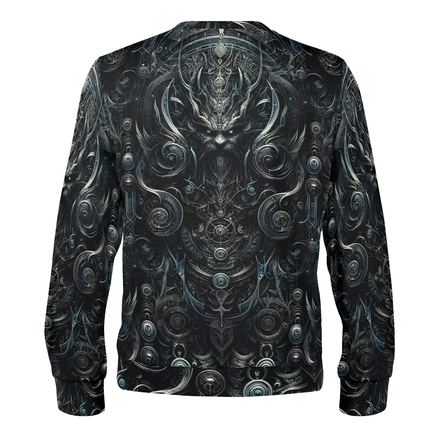 Back view of unisex Sigil of Shadows Poly French Terry Sweatshirt by Loud and Lethal with dark intricate gothic sigil art