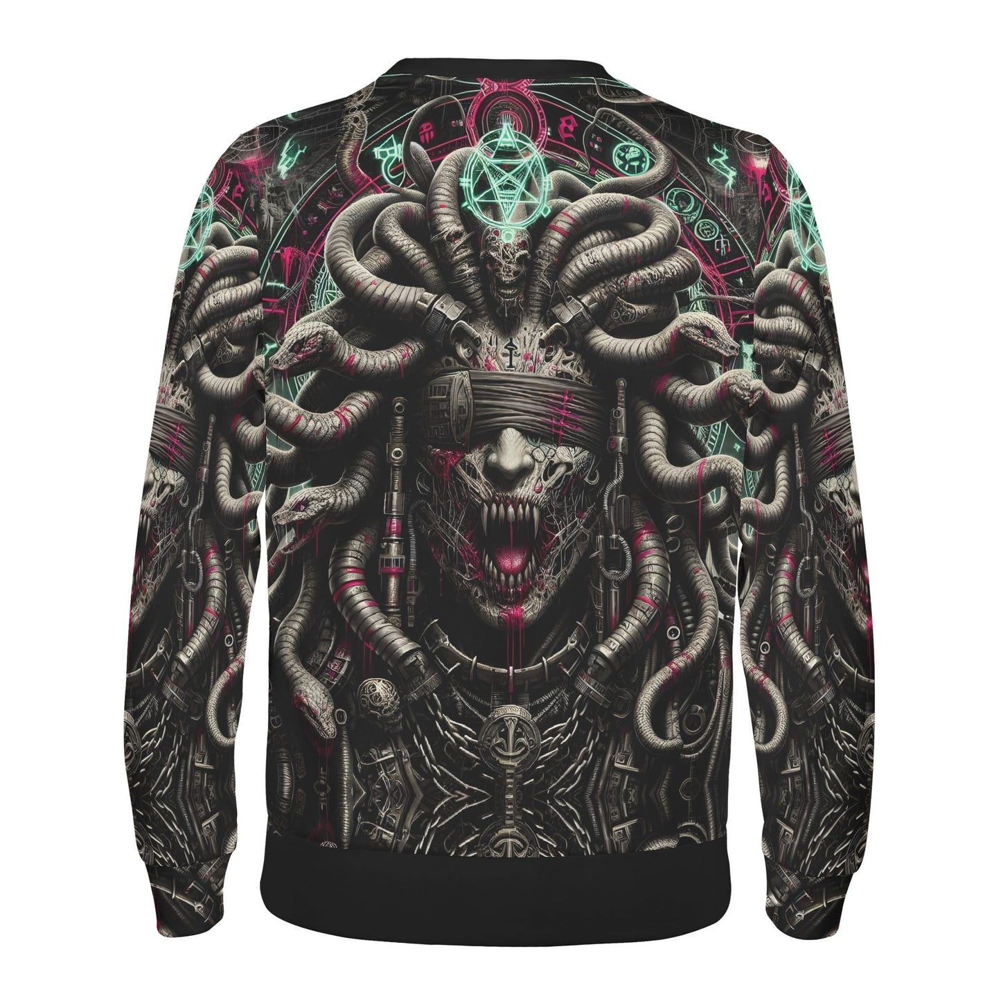 Mythical Monsters Medusa Poly French Terry Sweatshirt unisex back print showing Medusa skull with snake hair and occult symbols