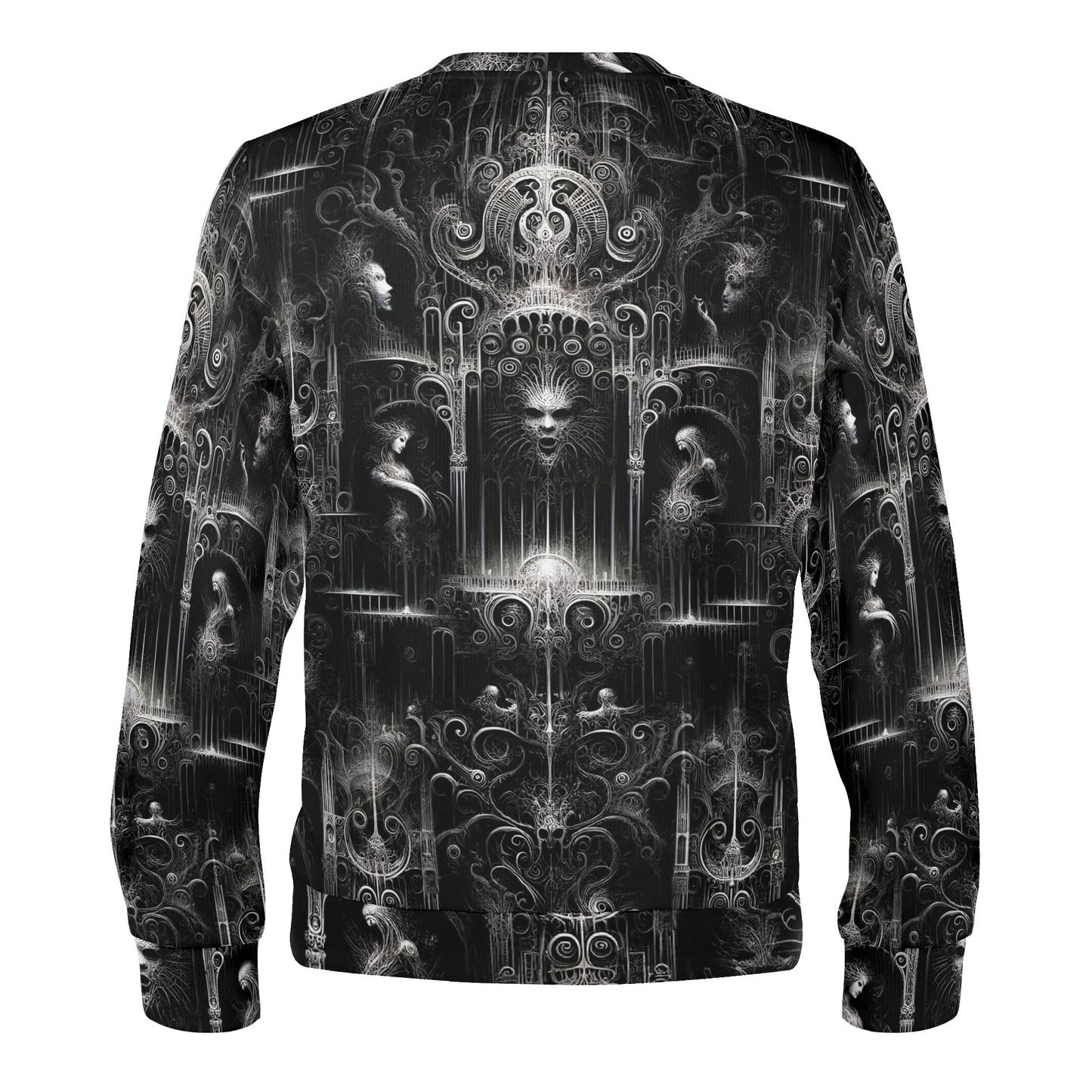 Loud and Lethal unisex black crewneck sweater with ornate gothic faces and filigree Labyrinth of Souls Poly French Terry Sweatshirt