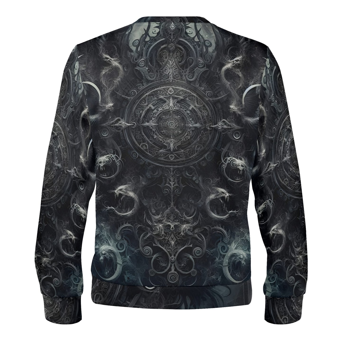 Back view of Loud and Lethal unisex sweater with dark ornate mandala design and The Ornate Prophecy Poly French Terry Sweatshirt.