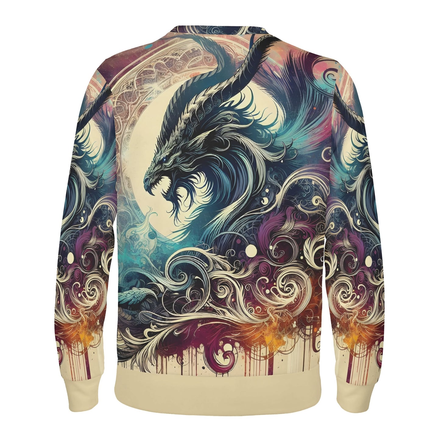 Loud and Lethal Dragons Fury Poly French Terry Sweatshirt unisex back view with colorful roaring dragon artwork