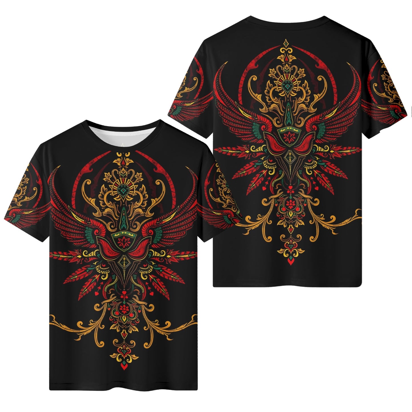 Loud and Lethal Ornate Uprising Lycra T-Shirt Limited Edition unisex black tee with red gold winged ornamental design