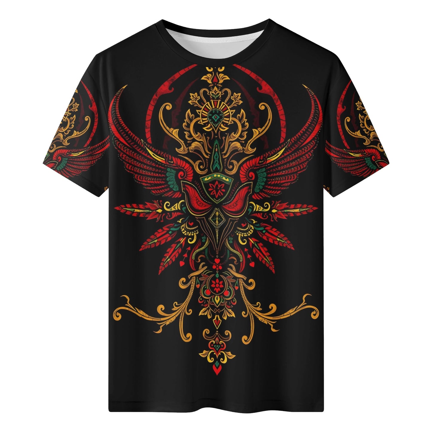 Loud and Lethal Ornate Uprising Lycra T-Shirt Limited Edition black unisex tee with red and gold ornate winged crest design