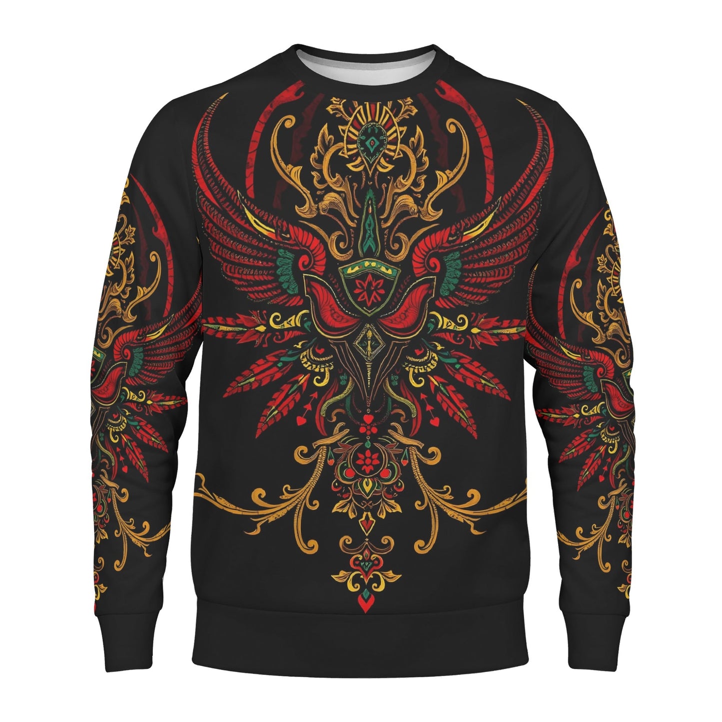Ornate Uprising Poly French Terry Sweatshirt Limited Edition unisex black sweater with red green gold phoenix design