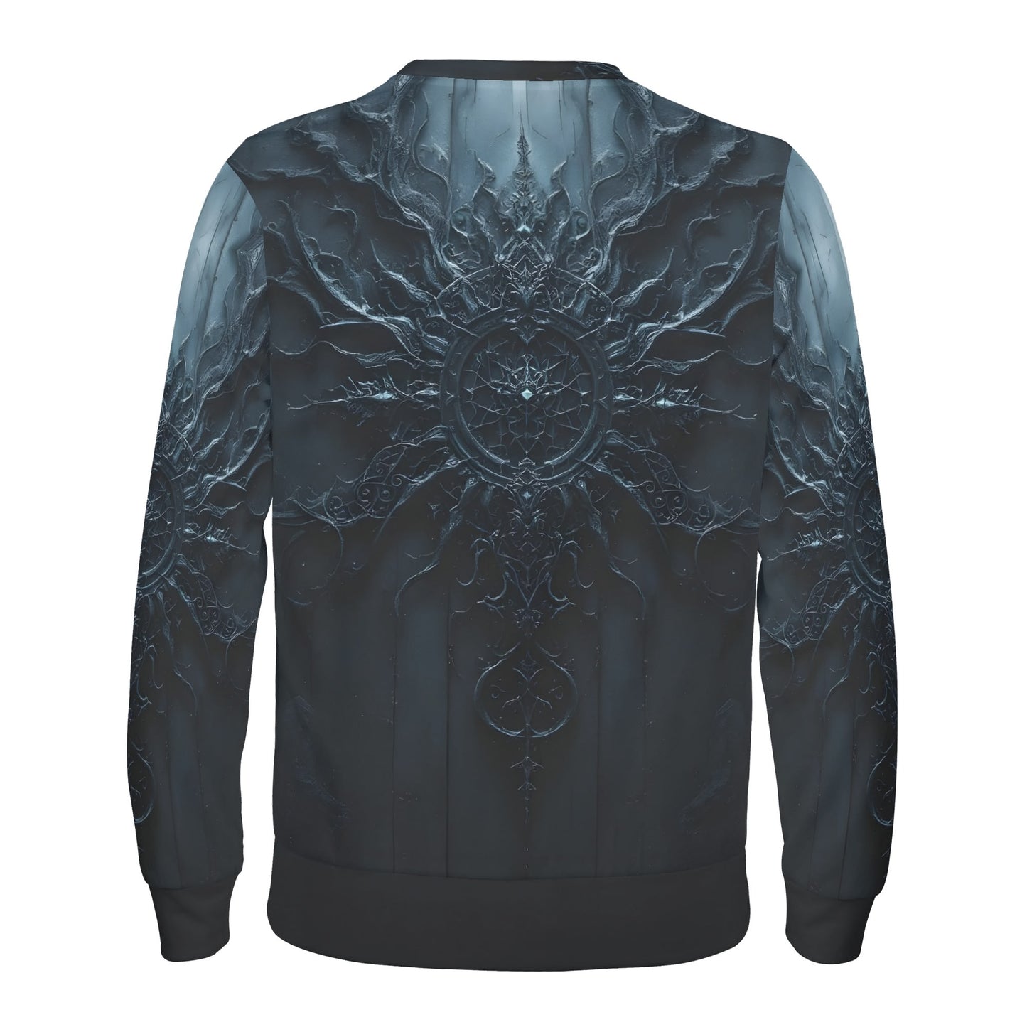 Darkened Essence Poly French Terry Sweatshirt unisex sweater back view with dark blue ornate gothic mandala design