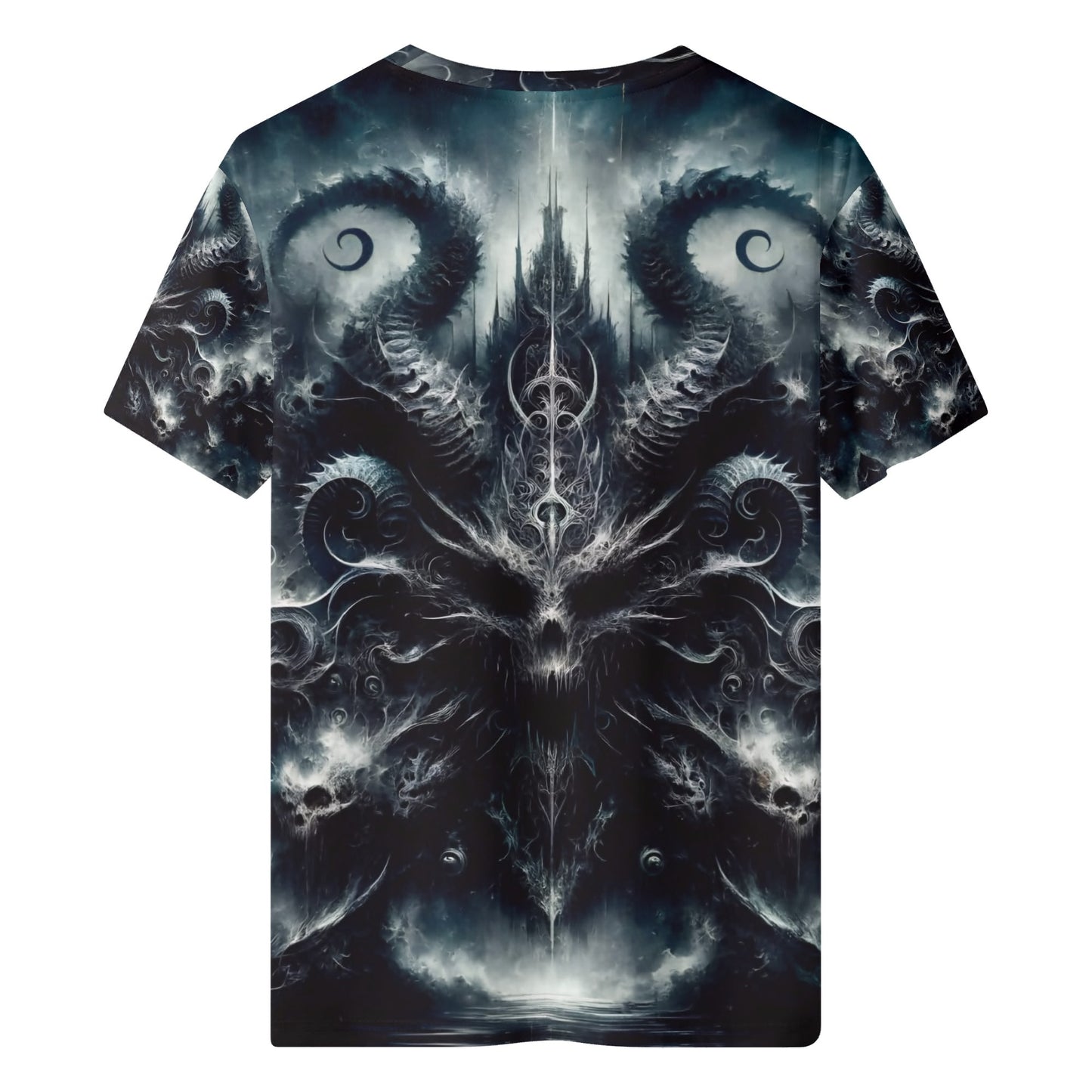 Ashen Spiral of the Endborn Lycra T-Shirt by Loud and Lethal featuring dark demonic skull and swirling horn design