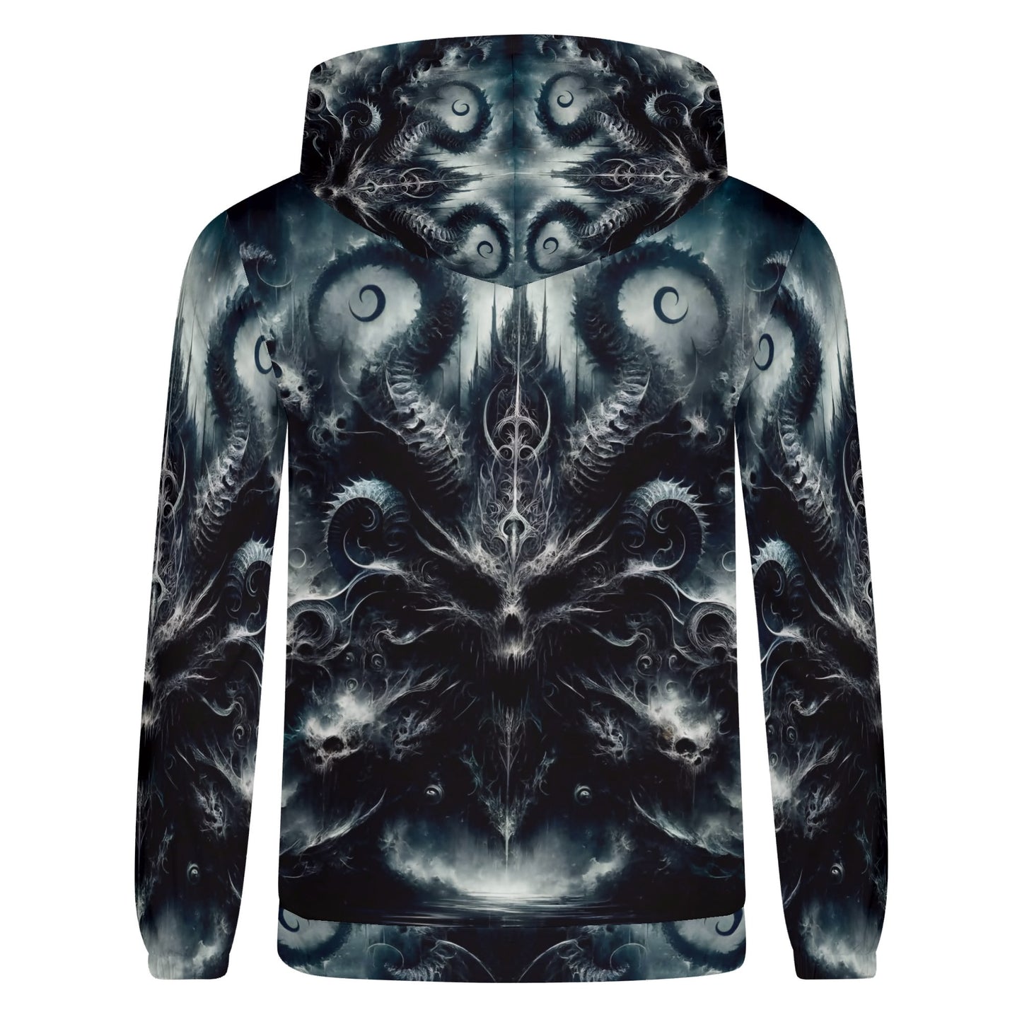 Ashen Spiral of the Endborn Poly French Terry Hoodie unisex black and gray fantasy design by Loud and Lethal